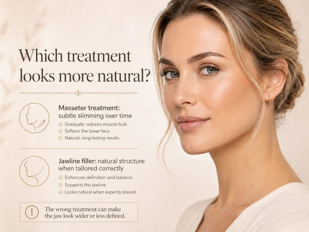 Natural-looking results from masseter treatment and jawline filler