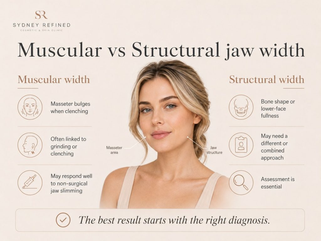 Muscular and structural causes of wide jawline appearance