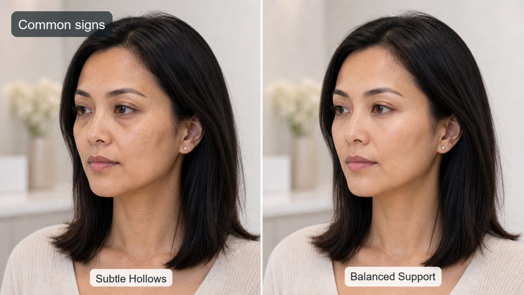 Subtle comparison of under eye shadowing and midface support