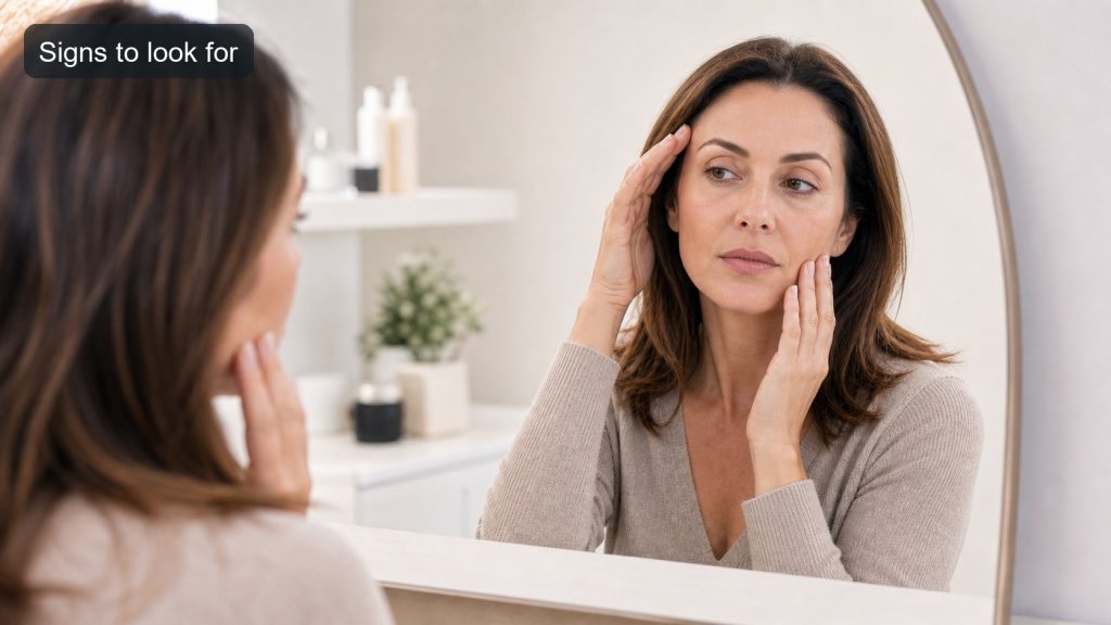 Woman reviewing cheek and temple changes in a clinic mirror