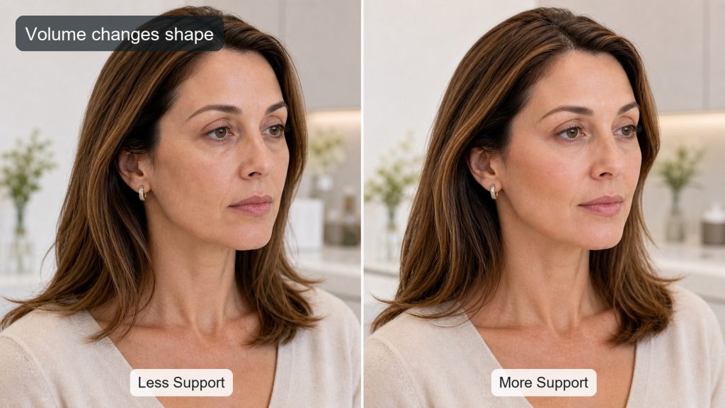 Subtle comparison of flatter cheeks and supported midface