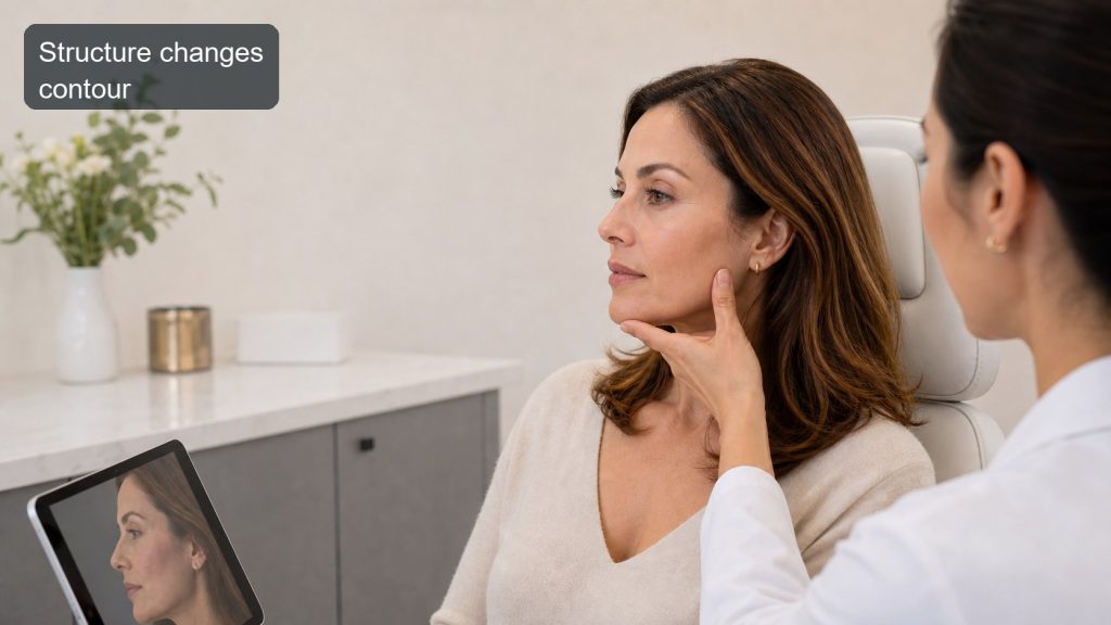 Side profile clinic consultation about midface and jawline structure