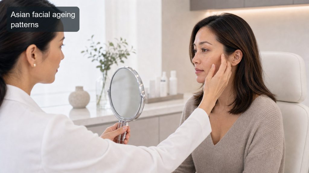 Asian Australian patient discussing midface and temple contours in clinic