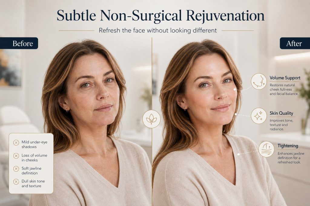 Subtle non-surgical facial rejuvenation before and after comparison