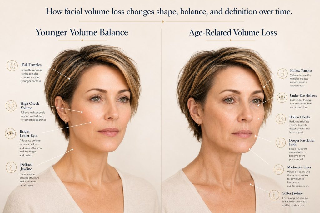 Facial shape comparison showing youthful volume balance and age-related volume loss