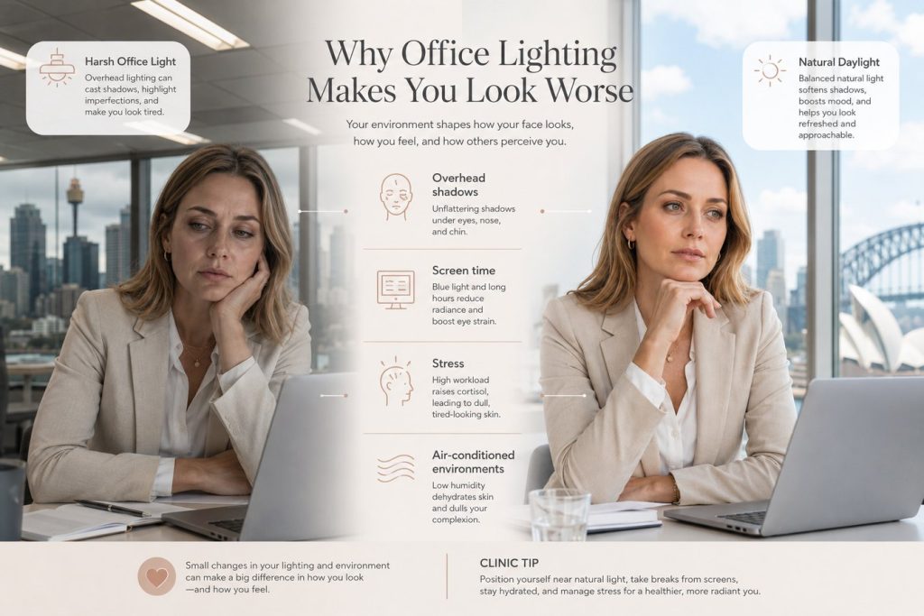 Office lighting and tired facial shadows in Sydney
