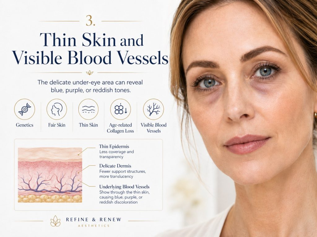 Thin skin and visible blood vessels under the eyes