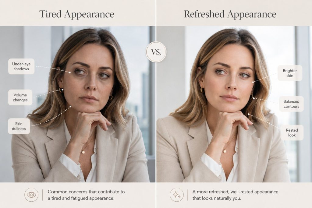 Tired appearance compared with refreshed appearance