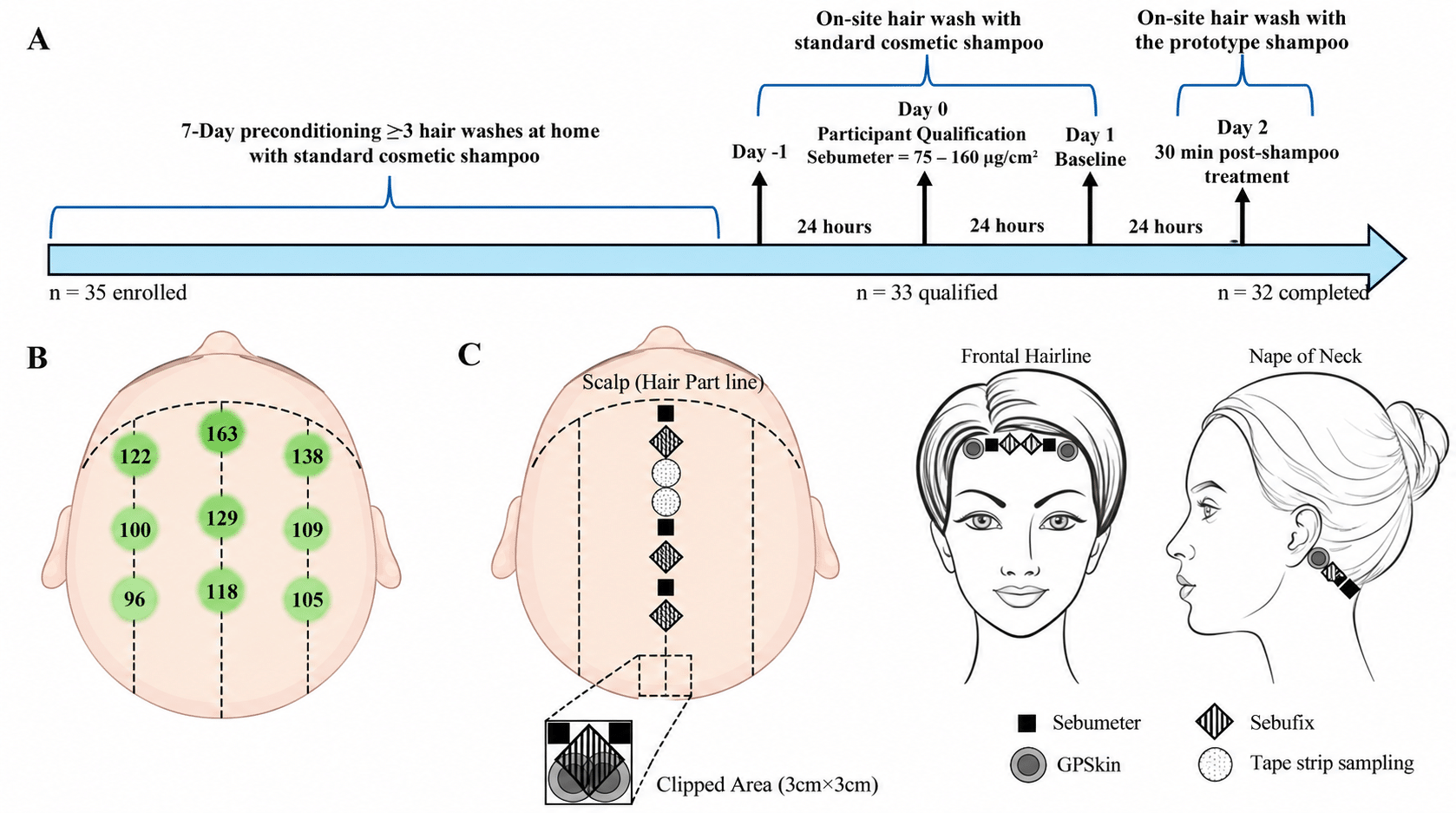 Research study showing scalp measurement locations and cleansing methodology