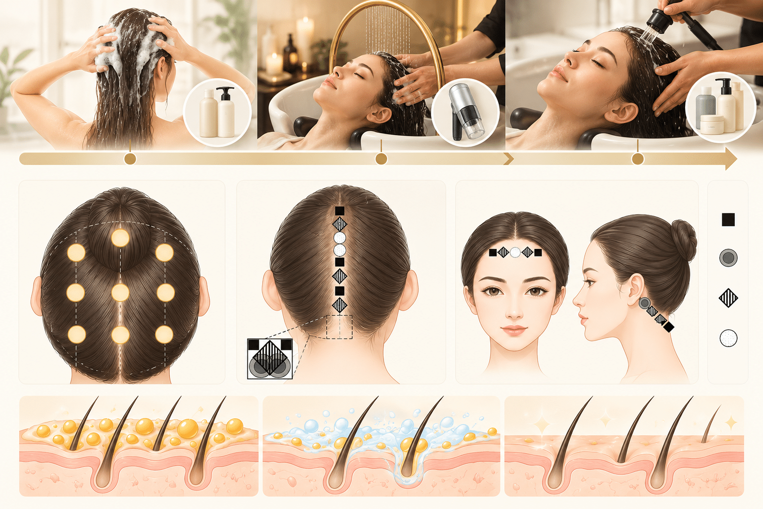 Simplified visual explanation of scalp assessment, cleansing and scalp oil